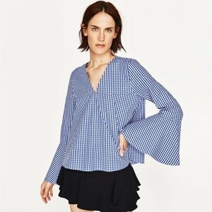 Zara Woman Size Small Gingham Blue Bell-Sleeve
Blouse Top V-Neck